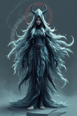 powerful low poly priest woman with long fur all over her entire body and eerie aura swirl