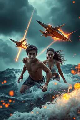 18-year-old Scott Kendall and 15-year-old Judi Ott emerging from a tumultuous sea amidst a stormy backdrop, locked in combat with agile fighter jets, amidst a conflagration of fire and explosive effects, ambient lighting, professional composition, infused with a mix of elegance and futuristic aesthetics, ultra-realistic, mystical undertones, sharp focus capturing every water droplet and flame, rational placement of subjects within a cinematic frame, epic atmosphere,