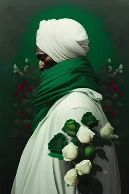 A man in the form of an imam turban does not show his face He wears a green robe A place surrounded by roses the place white