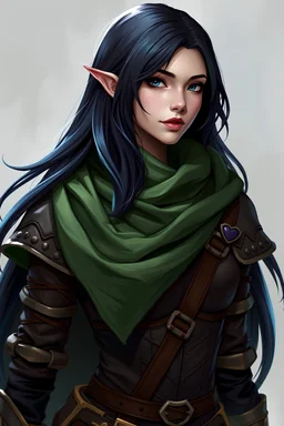 Female human bard, she has long black hair with blue and green highlights, dresses in leather armor with green scarf