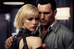 Jason David Frank short dark hair with hugging pretty blonde shorthaired sad girl crying, photo realistic, modern dark fantasy, penthouse