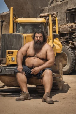 photography of a marocan ugly burly serious wet sweaty, chubby strong fat hairy carpenter, shirtless, short pants, bulge, manly chest, mustache and short beard, 36 years old, long hair, sitting with open legs on a chair , on a construction site, in the middle of a road, under the August sun, angry eyes, , hyper-realistic, photorealistic , frontal view from the ground