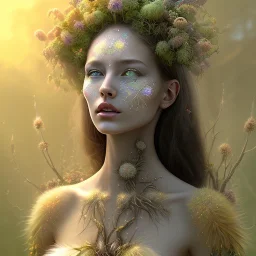 Portrait of beautiful girl, face dept of field,face shining, plant, metal, feathers,central weight average, CWA Dryad,Median filter fae, sidhe, ominous, nature, plants, wildflower sparkle,wildflower 3d view, facepaint, dnd character portrait, intricate, oil on canvas, masterpiece, expert, insanely detailed, 4k resolution, retroanime style, cute big circular reflective eyes, cinematic smooth, intricate detail , soft smooth lighting, soft pastel colors, painted Renaissance style,sharp focus