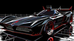 batmobile concept inspired from a 2025 ford mustang dark horse with a large elaborate spoiler and batman symbol style fins, batman symbol in grille, lower wind deflector. red stripes like 1960s adam west batmobile