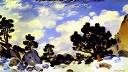 Big rocks, trees, clouds, winter, edouard manet impressionism painting