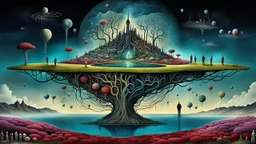 one alone human stands on fade colors floating island over normal landscape with many little humans. this island with deep dark colors. dreamlike inner world with neurodivergens soul and mind,, Whimsical strange style of Chagall, of Quentin Blake, and Yoshitaka Amano of Anton Semenov. weird absurd beauty nightmare, in background neuronic network, Whimsical surreal vibe, cinematic