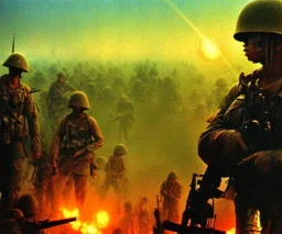 vietnam war. war. napalm. bokeh. lens flare. warm lights. high detailed. beksinski