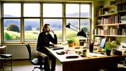 الصورة تعرض ستيف جوبز وهو جالس في مكتبه الخاص، وراءه نافذة تطل على مناظر طبيعية هادئة. يظهر جوبز وهو يرتدي ثوبًا بسيطًا ويتلقى مكالمة هاتفية بينما يعمل على جهاز كمبيوتر محمول. يتسم وجهه بتعابير التفكير العميق والابتسامة الخفيفة، مما يشير إلى تركيزه الشديد وتفكيره الابتكاري. على مكتبه، يمكن رؤية مجموعة من المخططات والنماذج المصغرة لأجهزة تكنولوجية، مما يظهر اهتمامه بالتفاصيل والتصميم المميز. كما يمكن أن نلاحظ تواجد كتب وأدوات كتابة، مما يشير إلى تطلعه المستمر للمعرفة والابتكار. الإضاءة في الصور