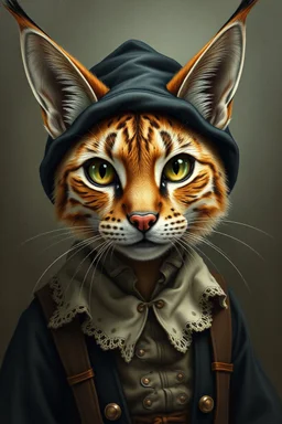 fish eye lense, psychic amish alien space lynx with human eyes and hair tips on its ears dressed in amish outfit, painted by Rembrandt, Escher and Giger and some anime genious