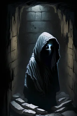 A girl wearing a black hoodie with a mask covering her face and looking down, her skin color is white. She is in an ancient basement made of stones, through which the moonlight enters, and around her are transparent spirits and ghosts, surrounding her in a very terrifying atmosphere.