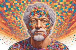 man bursting out of cake with confetti and colorful patterns in an illustrated alex grey art style