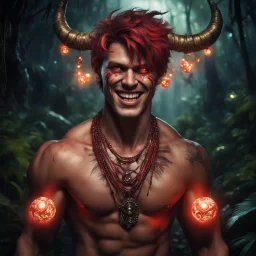 HYPER REALISTIC PHOTOGRAPHIC Middle Angle View Of A Handsome Muscular Young Man With Ritualistic Costume With Bone Necklace Unleashing Glowing Magic Balls, With A Fierce Devilish Smiling Expressions On His Face With Glowing Red Eyes With Short Messy Maroon Hair & Golden Horns In A Dark Dense Jungle At Dark Night With Fireflies Showing Dramatic & Cinematic Ambiance