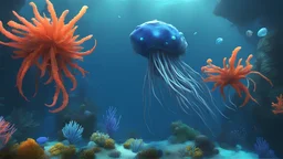 creatures, minerals, kyanite mines, from subnautica from deep sea, leviathan's a lot of sea plants very deep, beautiful, subnautica biom
