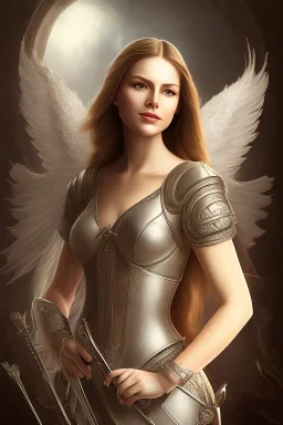 portrait lady angel with super bobs no top long white hairs shield in castle