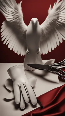 White clipped wings on a red fabric, next to scissors and black leather gloves. Cinematic image