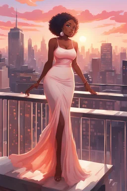 The scene opens onto a serene balcony overlooking a bustling city skyline. The sky above is painted in soft hues of orange and pink as the sun begins its descent, casting a warm glow over everything it touches. In the foreground stands a captivating figure, airbrush chibi cartoon curvy black woman exuding confidence and elegance. She is adorned in a flowing white knit maxi dress that hugs her curves in all the right places, accentuating her silhouette. Her choice of footwear is equally stunning