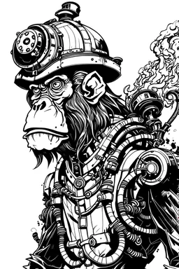 Mechatronic monkey in profile, with visible gears on fire in japanese comic book style, black and white.