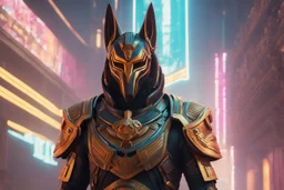 Temple Guard in 8k cyberpunk cgi artstyle, anubis them, neon effect, full body, Desert, intricate details, highly detailed, high details, detailed portrait, masterpiece,ultra detailed, ultra quality