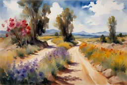 Sunny day, clouds, dirt road, flowers, mountains, big rocks, trees, sci-fi, john singer sargent watercolor paintings