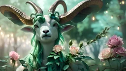 magical ram human hybrid creature with horns wild green colored hair in pastel colored rose forest, trees, flowers, fairy lights, night, 8k, high quality, trending art, trending on artstation, sharp focus, studio photo, intricate details, highly detailed, by greg rutkowski