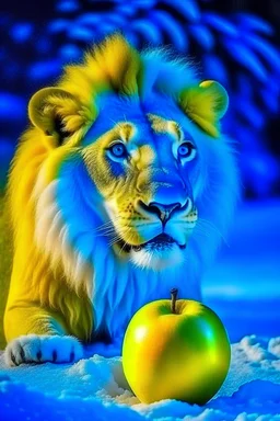 lion eat apple with snow and blue mood the lio yellow mood