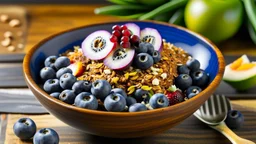 015 A vibrant acai bowl topped with granola, fresh bananas, blueberries, and coconut flakes