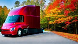 A Tesla semi-truck is parked, in the 'Great Smoky Mountains' National Park, in Tennessee. CINEMATIC. WIDE ANGLE LENS. PHOTO REAL.