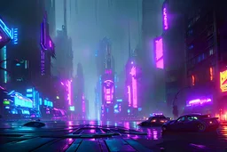 Cyberpunk district with giant foggy skyscarpers, cars, FoV: 100, HD, Unreal Engine 4, Blade Runner 2049, heavy rain, rainy streets reflection, neon signs, low contrast, grainy, less color, titanfall,