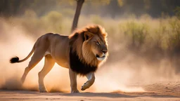 A large african male lion hunting a Impala, dynamic action, jumping, splashes of sand, nature photography, raking light, blue lights in the background --ar 16:9 --style raw --v 6.0