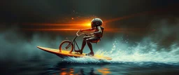 master oil painting by Rembrandt, viggo sandvik as insane eel wild ginger robot on surfboard boat trike , goa trance glitch poster, background motion blur, volume fog with light rays