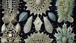 Exotic microscopic organisms, coloured, perfect geometric designs, amazing detail, beautiful composition, award-winning photograph, astonishing realism, 28mm lens, adjust perspective