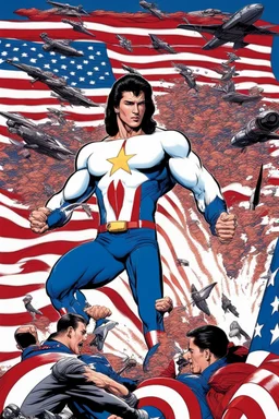 20-year-old, extremely muscular, short, curly, buzz-cut, military-style haircut, pitch black hair, Paul Stanley/Elvis Presley/Keanu Reeves/Pierce Brosnan/Jon Bernthal/Sean Bean/Dolph Lundgren/Patrick Swayze/ hybrid, as the extremely muscular Superhero "SUPERSONIC" in an original patriotic red, white and blue, "Supersonic" suit with an America Flag Cape,