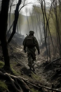 seorang penyintas sedang menyusuri hutan untuk kabur dari peperangan yang terjadi di tengah kota