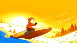 fantasy cartoon style illustration: a little boy on a sled down a snowy hill. Sun is shining.