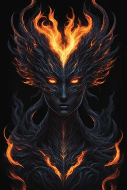 Captivating minimalist illustration of cosmic Dragman, dragón man, made up of intricately intertwined black flames. Her intense, bright eyes draw the viewer into her mesmerizing gaze, the pulsing energy of each flame creating a euphoric symphony within the heart. Dark background,the bright striped tail adds depth and dimension to the scene,evoking a feeling of dark fantasy, intriguing and mysterious aura. Vector pop art cinematic piece masterfully combines light and shadow, leaving the viewer in