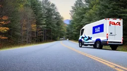 A police Tesla Cybertruck is chasing a Tesla 'Model S Plaid' at top speed, across the 'Great Smoky Mountains' National Park, in Tennessee. CINEMATIC. WIDE ANGLE LENS. PHOTO REAL.