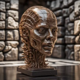 giger escher mind flawyer sculpture in transparent bronze murano glass in front of stone wall,bokeh like f/0.8, tilt-shift lens 8k, high detail, smooth render, down-light, unreal engine,bokeh like f/0.8, tilt-shift lens 8k, high detail, smooth render, down-light, unreal engine