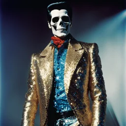 [high res colour photo by helmut newton] this skeleton wears the incredible sequined jacket that Elvis wore during a concert in Detroit
