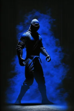 Background is dark blue, almost black. There is a head and torso silhouette looming in the picture, completely masked by a black kevlar suit. martial art pose