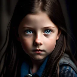 Castiel and Dean Winchester's daughter, a twelve years old girl, dark blue eyes, dark brown hair, freckles on her cheeks, wearing plaid.