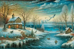 Richly textured Hieronymus Bosch, Catrin Welz-Stein, William Turner, Zdzisław Beksiński, Jacek Yerka oil on canvas zentangle line art style mix, surreal frosted fantasyland winter oceanscape, hoarfrost on trees, high grasses, snow and cottages, withered flowers, pale sunrise; paint splatter, beautiful vibrant colors, reflections, SK, flying seagulls, dramatic clouds, snowfall.