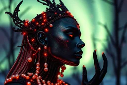 Beautiful northern lights, extremely textured skin and bioluminescense textured metallic etherial shamanism and ornaments adorned with filigree gothica black shiny pearl ribbed and skin ae bioluminescense decadent style amazingly costume colour gradient shiny onix dark decadent gothica style