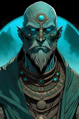 Goliath, monk, humanoid, 10 feet tall, teal eyes, 25 years old