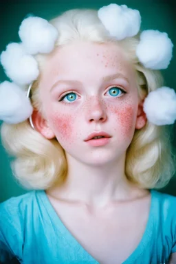 Young Madonna with white cotton candy hair , rosy cheeks, big blue eyes shinning, freckles, listening to music, autochrome,