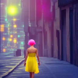 Beautiful lonely girl who walks along a street without people at dawn. You see her from behind. She wears very short yellow dress. She has short pink hair with glowing crystals. Full body, 8k resolution concept art. Professional Photo HD. Stylish. Warm vivid colors. Panoramic