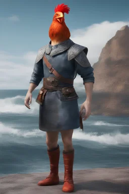 full body, head to toe, 3D, an anthropomorphic chicken man, with short, pixie-cut, (((red hair))) tapered on the sides - full color - 32k, UHD, 1080p, 8 x 10, glossy professional quality digital photograph - raging sea and mountains and a ship in the background, historic, powerful, exquisite detail, sharp - focus, ((skin details, high detailed skin texture))