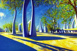 Sunny Day, futuristic buildings near the tree zone, sci-fi, realistic vision, impressionism painting