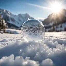 Frozen bubble in front of a snowy mountain landscape, the bubble has wonderful icecrystals and the sun is shining, frozen, cold outside, beautiful small ice flowers in front of the bubble