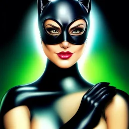 ultra detailed fullbody portrait of busty beautiful CatWoman, wearing skintight Black costume, extremely detailed digital painting, intrincate, extremely detailed smiling face,crystal clear Big Green eyes, in the style of Adam Hughes , mystical colors , perfectly centered image, perfect composition, rim light, beautiful lighting,8k, stunning scene, raytracing