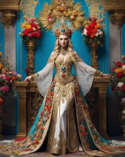 full length image a distance dystopian angle fullbody a beautiful European blond girl pretty super model adorned with an elaborate and colorful headpiece made of flowers and jewels, wearing a vibrant and detailed victory outfit that includes intricate patterns and sparkling embellishments. The attire should reflect a rich russia empire, with attention to the fine jewelry that complements the ensemble,sweet pose sitting the throne queen in room luxurious royal palace background